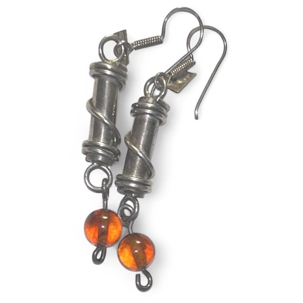 Vintage .925 Sterling Silver Dangle Post Earrings With Amber Bead?